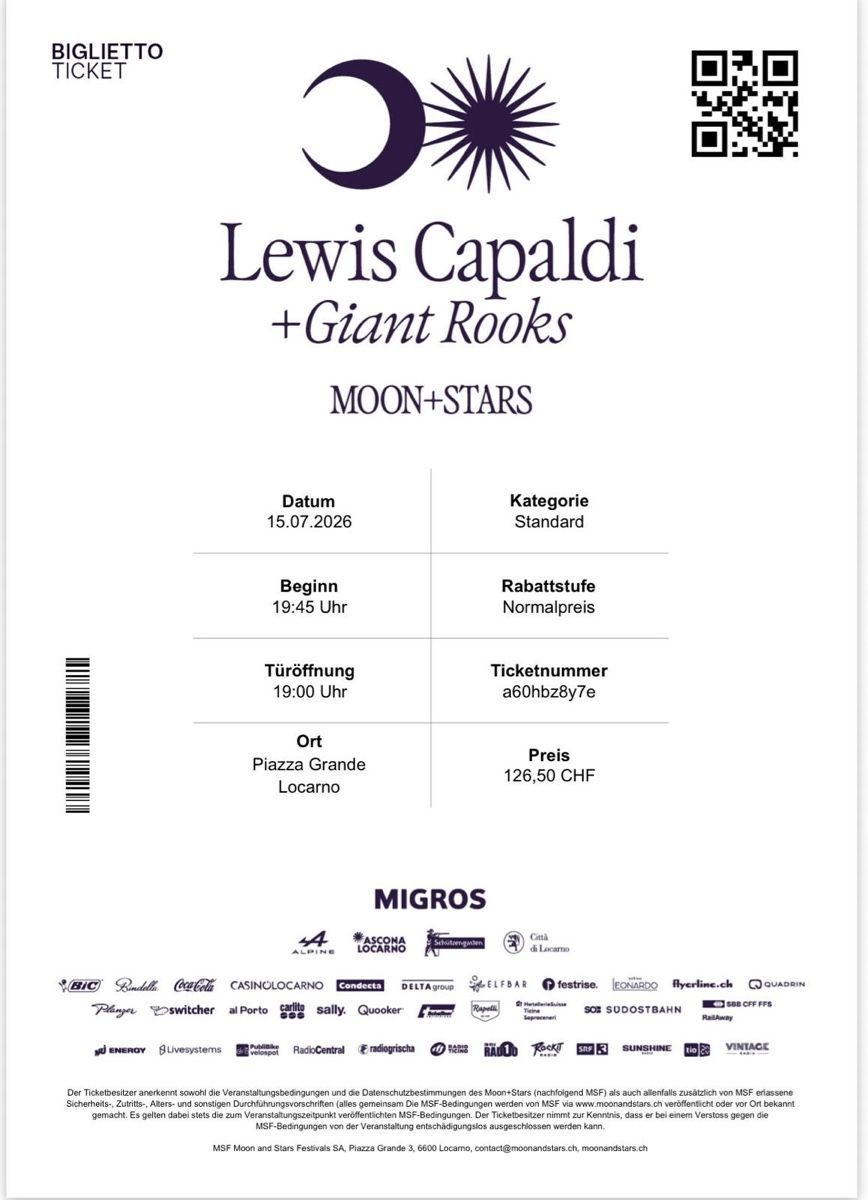 Tickets: Lewis Capaldi - 3 Billete – Neu und originalverpackt aus Cressier FR von dietrichs