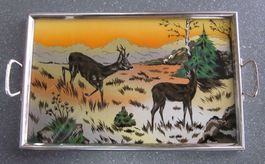 Vintage Serviertablett mit Rehbild, Metallgriffe, 50er Jahre