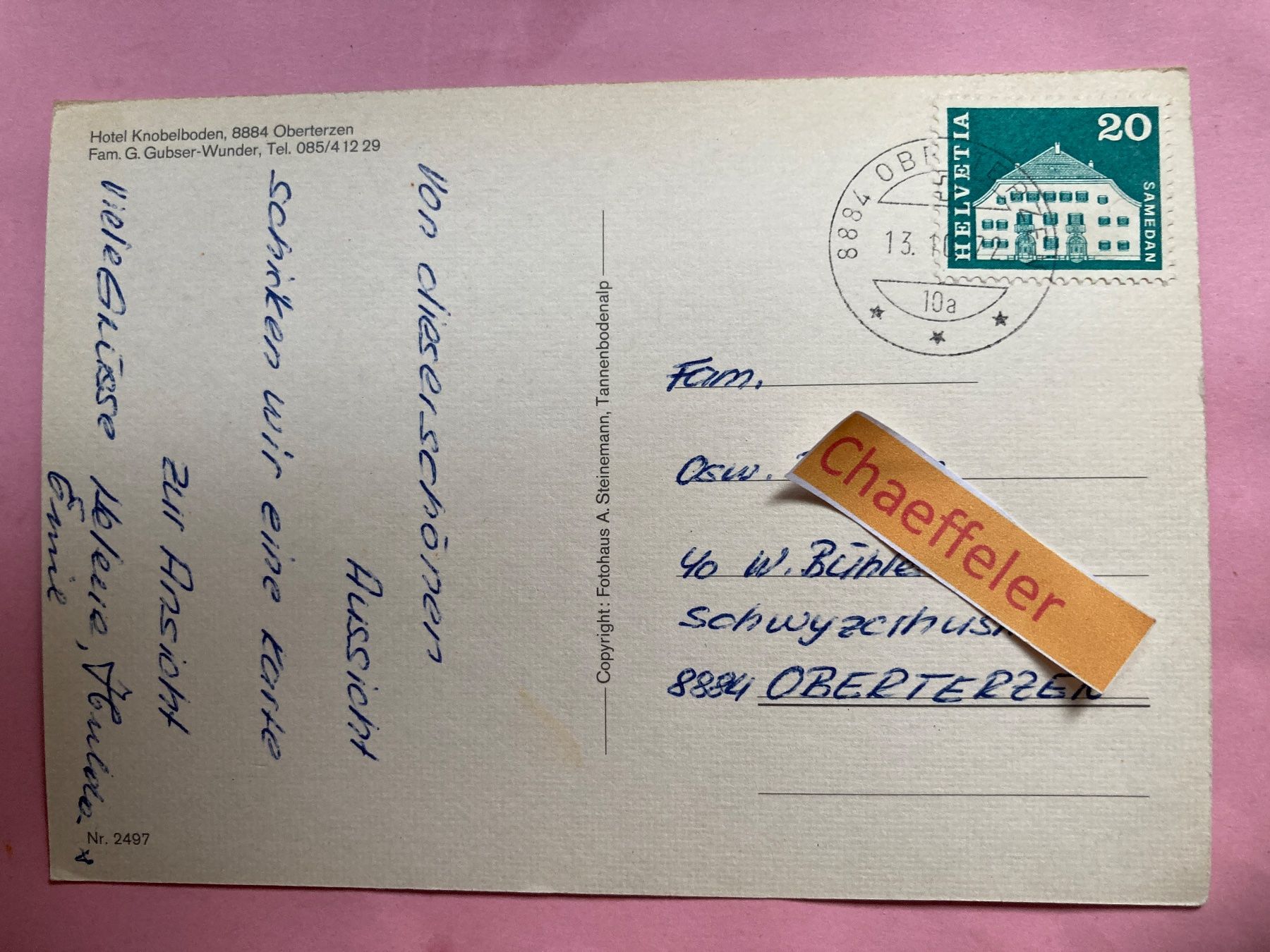 Cartoline postali: Hotel Knobelboden, 8884 Oberterzen – Usato da Zürich venduto da Chaeffeler 1