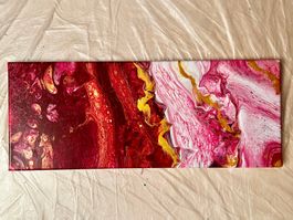 Original Pouring Bild - Rot, Gold, Weiss - 20x50 cm