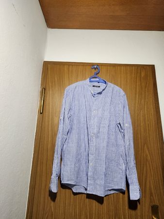 Chemise LOUIS PLEIN rayée col mao bleue  M 45% lin/ coton