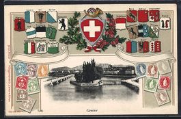 Genève, Uferpartie mit Brücke, Wappen 