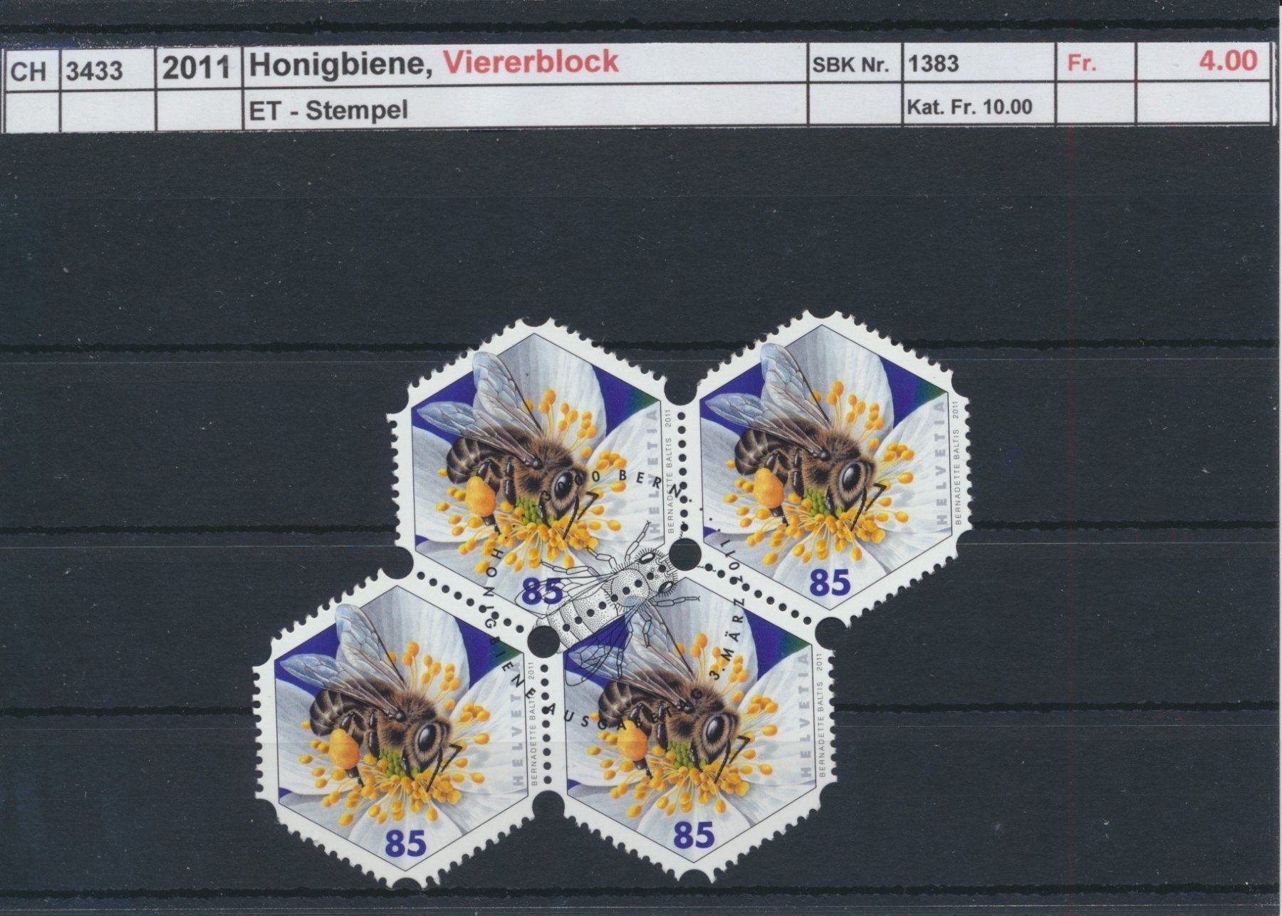 Alle Briefmarken: 2011 "Honigbiene", Viererblock, ET - Stempel – Gebraucht aus Winterthur von Zupogeru