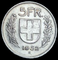 Top Silber 5 Franken 1952 Schweiz Rar