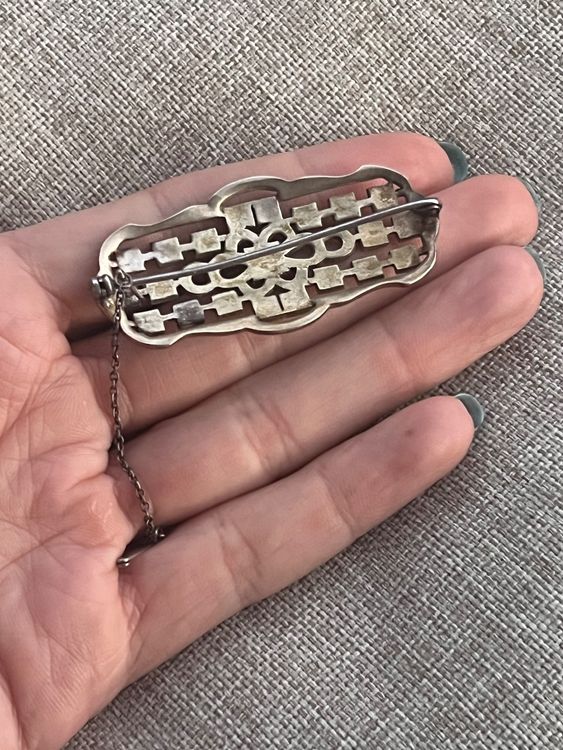 Broche Vintage Art Déco Argent Massif Onyx Et Marcassites - Sterling Silver