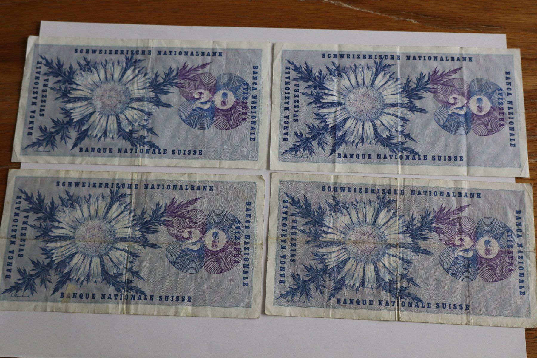 Banknoten: 4× Schweiz 20 Franken Note Typ General Dufour – Gebraucht aus Hinwil von Mattenstrasse 1