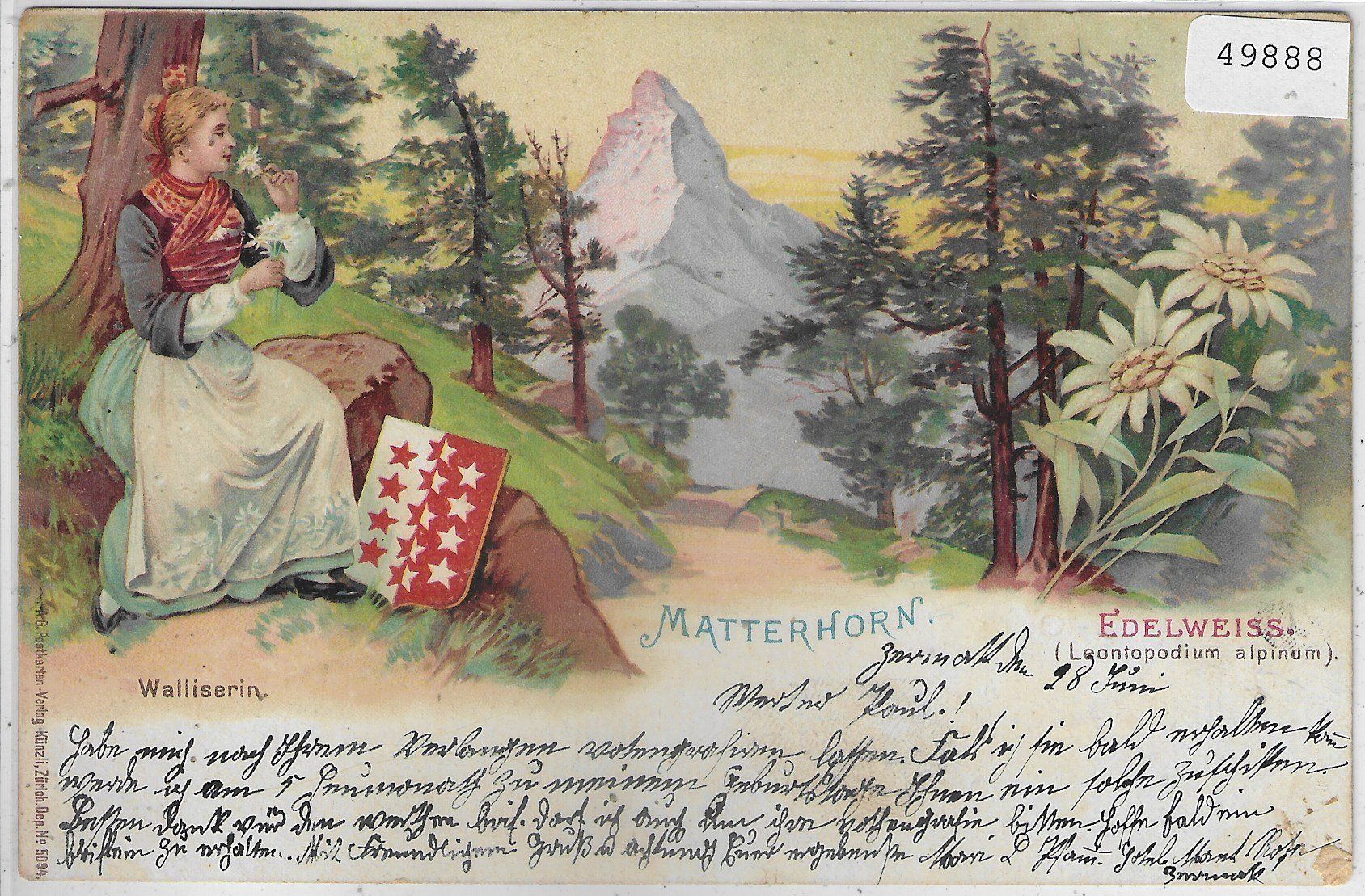 Cartoline postali: Matterhorn - Walliserin - Edelweiss - Litho – Usato da Ettingen venduto da Kartenplanet