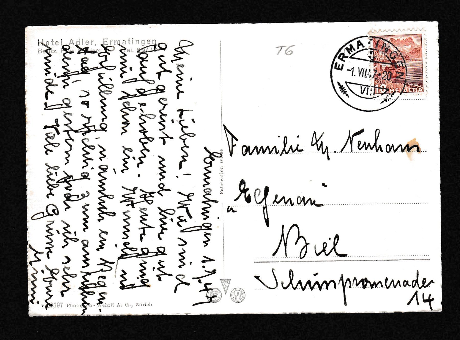 Ansichtskarten: ERMATINGEN - Hotel Adler, 1947 – Gebraucht aus Reiden von cinfis 1