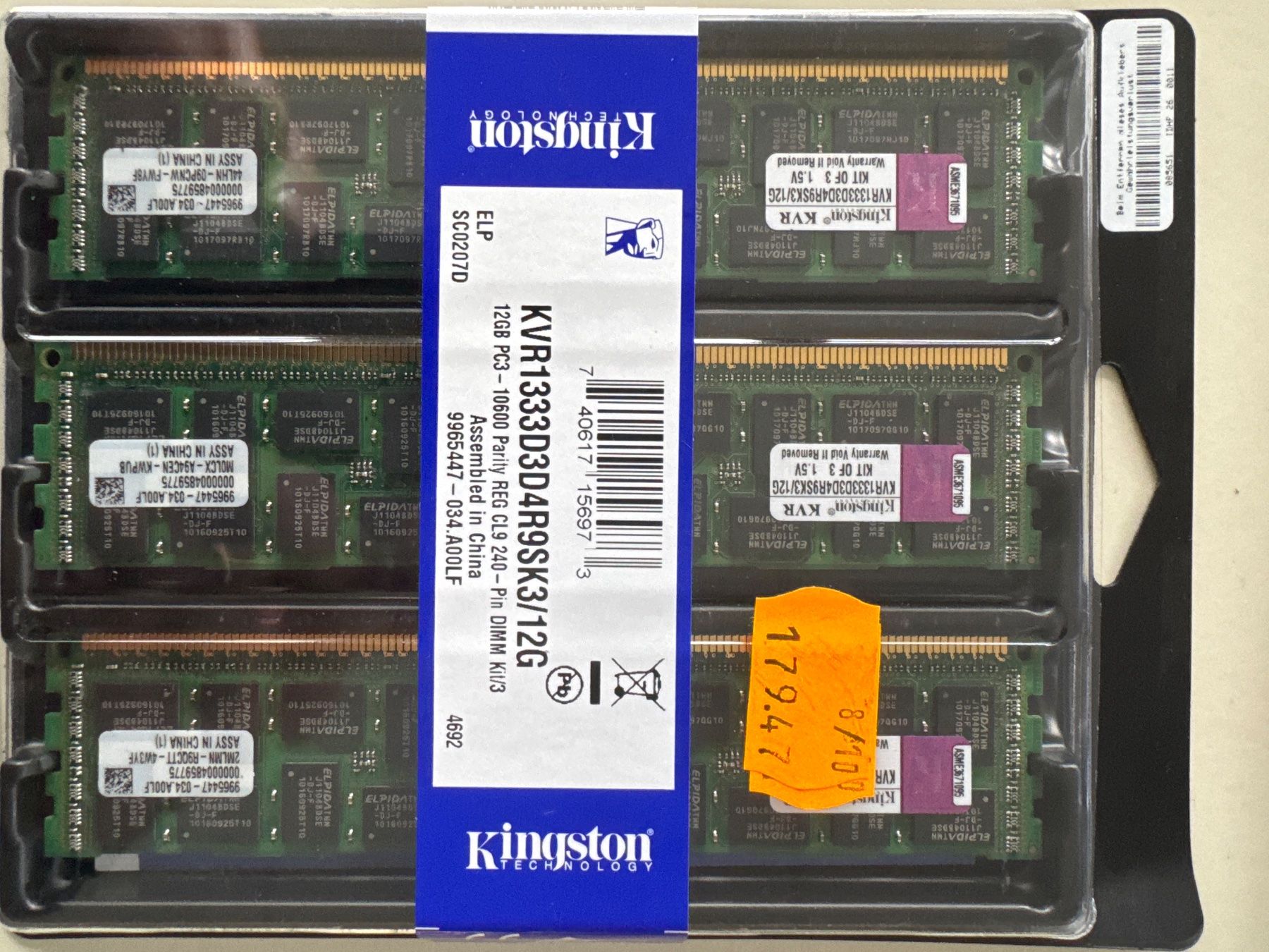 Kingston Memoria / RAM: Speicher 3x4GB-DDR3-PC1333-CL9-1,5V registered ECC – Nuovo e nell'imballaggio originale da Niederbuchsiten venduto da joe_2bhx