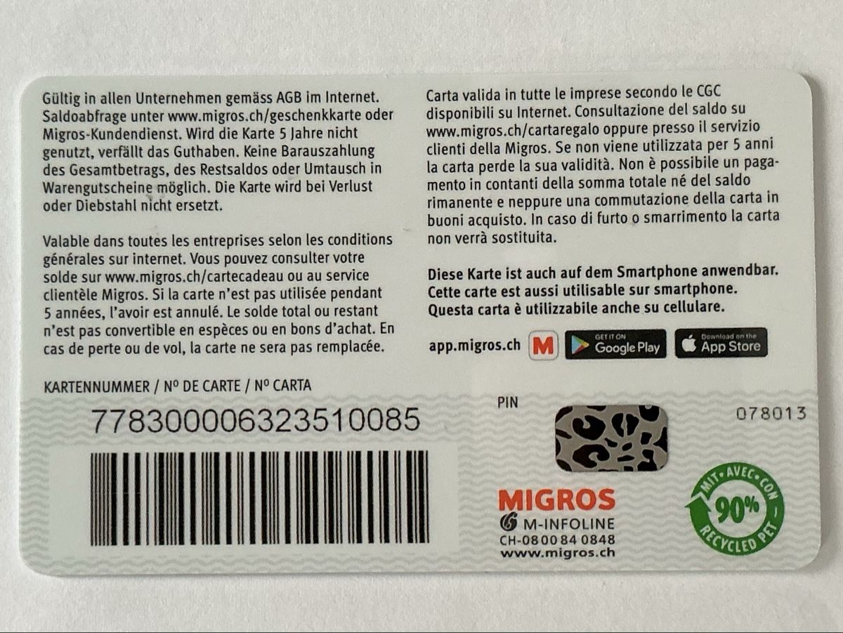 Cartoline: Migros Geschenkkarte, ohne Guthaben – Usato da Allschwil venduto da gewuerznelke 1