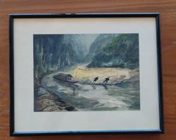 Kleines Aquarell mit asiatischer Flusslandschaft