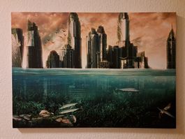 LED Kunstbild City Skyline green & Umwelt von der Ferne
