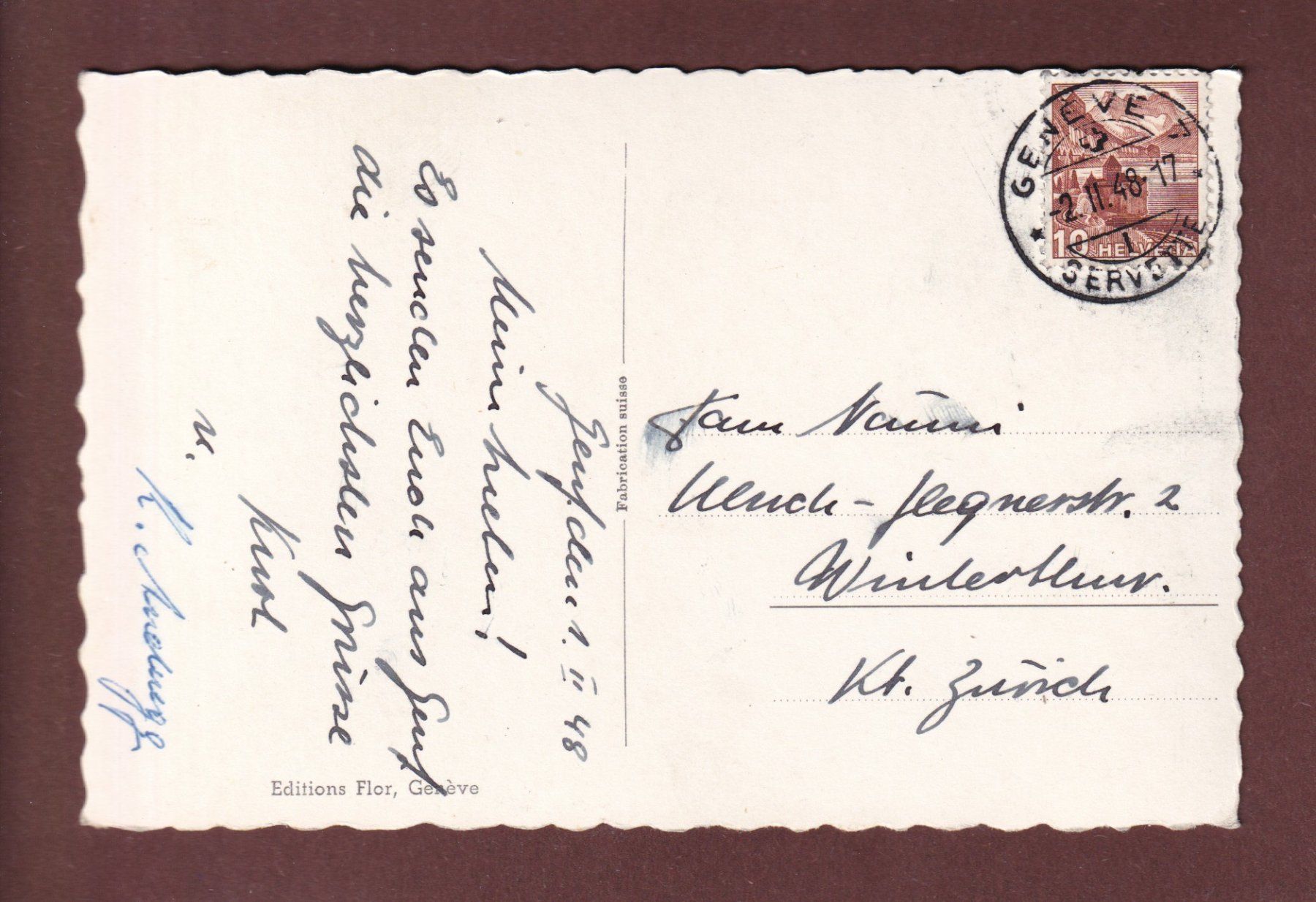 Cartoline postali: GENEVE - La Bains - 1948 – Usato da Pully venduto da nicecards-shop 1