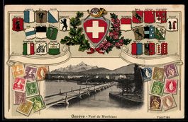 Präge-AK Genève, Pont du Montblanc, Passepartout mit Briefma