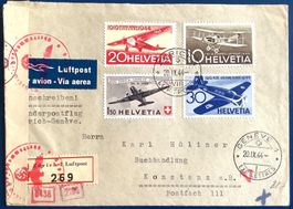 1944 R- Flugpost Zensurbrief D.Reich  F37 - F40 Genéve - DE