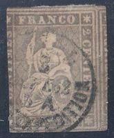 Schweiz-Strubel Nr.21G-2 Rappen grau,grüner Seidenfaden 1854
