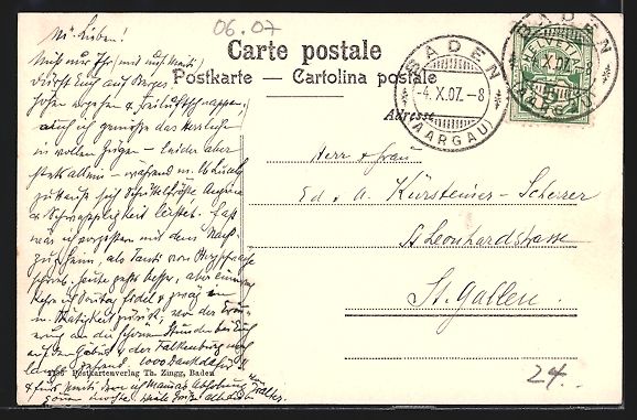 Cartoline postali: AK Baden, Hotel Baldegg, 1907 – Usato da Berlin venduto da bartko-reher 1