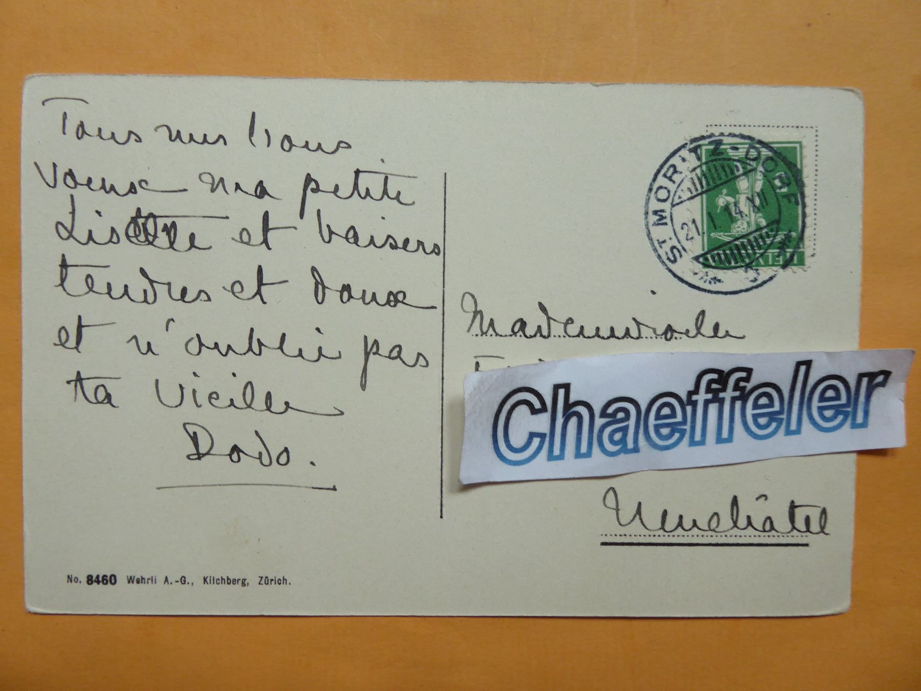 Cartoline postali: 1914  St. Moritz – Usato da Zürich venduto da Chaeffeler 1
