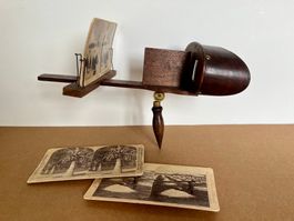 Antikes Stereoskop aus Holz mit 3 originalen Stereo-Bildern