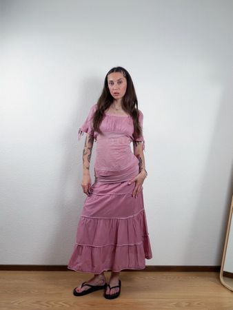 Vintage Pink Cotton Tiered Maxi Skirt and Top Set
