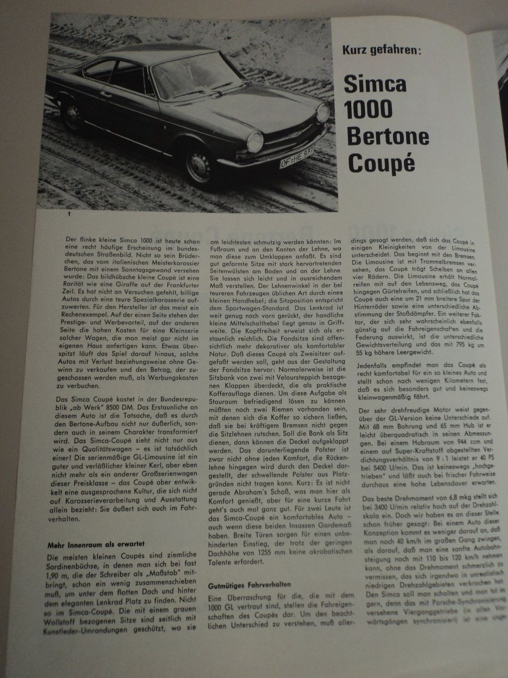 Simca Documenti: Prospekt Testbericht Simca 1000 Bertone Coupè 1965 – Usato da Schwarzenburg venduto da modelCARama 5