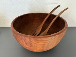 Teak- Salatschüssel gross mit Besteck, antik, 30cm