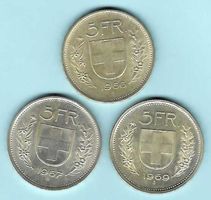 1966,1967+1969, 3x 5 Franken Silber, vorz.-unz. (15864)