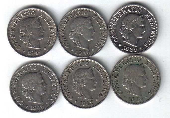 Tutti le monete: 5 Rappen 1919 / 42 / 43 / 39 / 44 / 46 – Usato da Allschwil venduto da Coinfreak