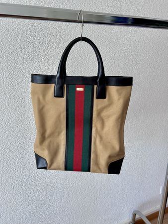 Gucci Shopper Tasche Canvas Leder beige-braun mit Streifen