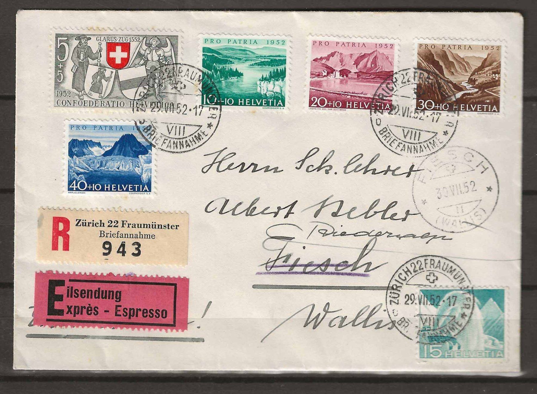 Tutti i francobolli: FP052 - Lettre Pro patria 1952  obl. 29.7.1952 – Usato da Trélex venduto da Phil_Albert