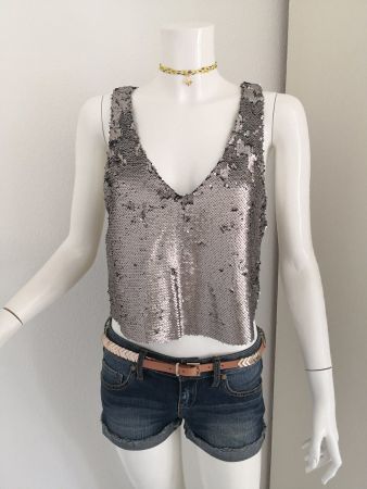 🤩MANGO PAILLETTEN TOP SILBER BAUCHFREI NEU & D&G P.