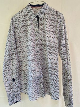 Damen-Bluse, Gr. L, weiss mit Eifelturmmuster, gebraucht