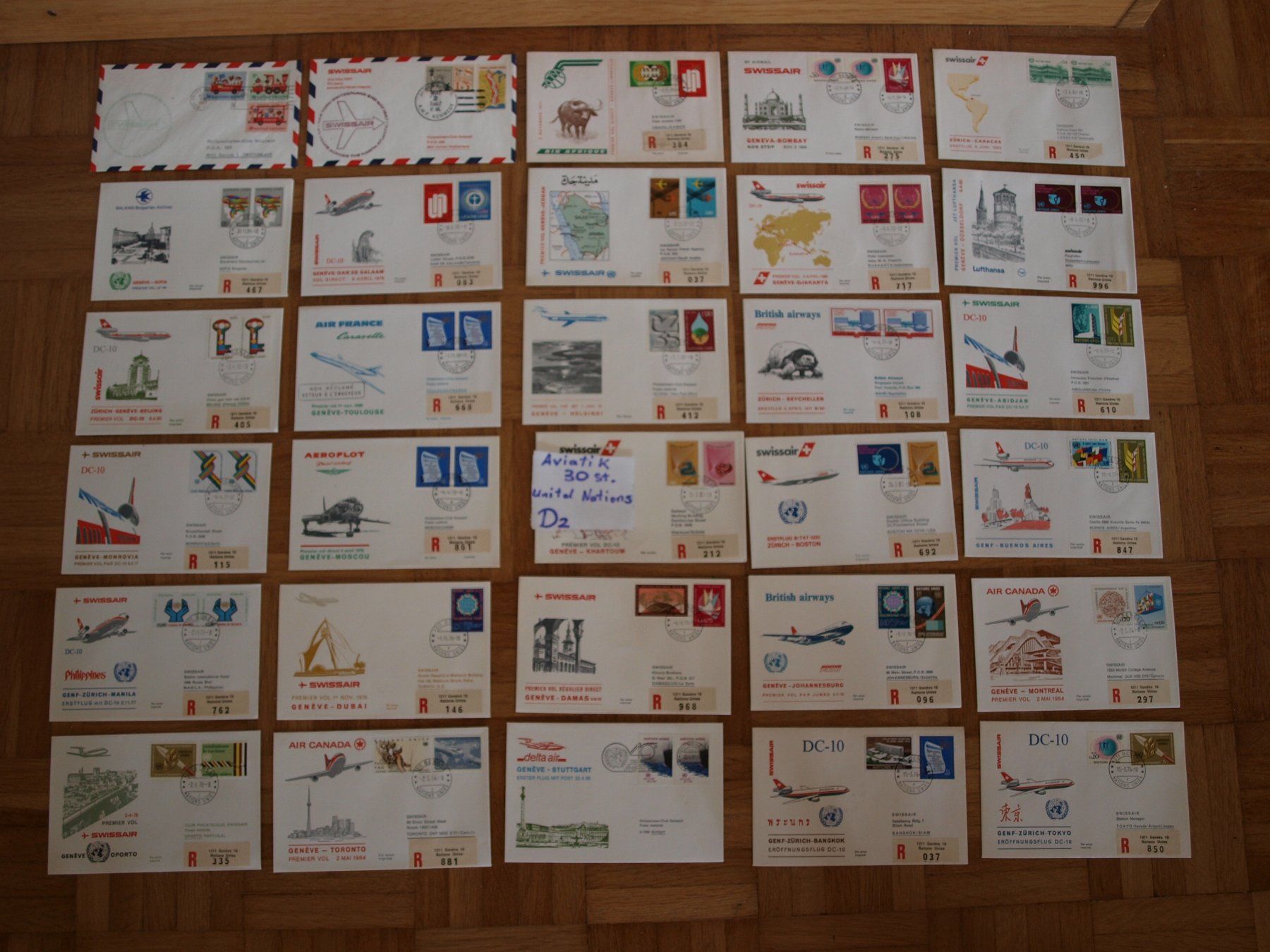 Tutti i francobolli: 30 Aviatik Briefe Unitd Nations  gebraucht , siehe Bilder. – Usato da Aarau venduto da Marcele0