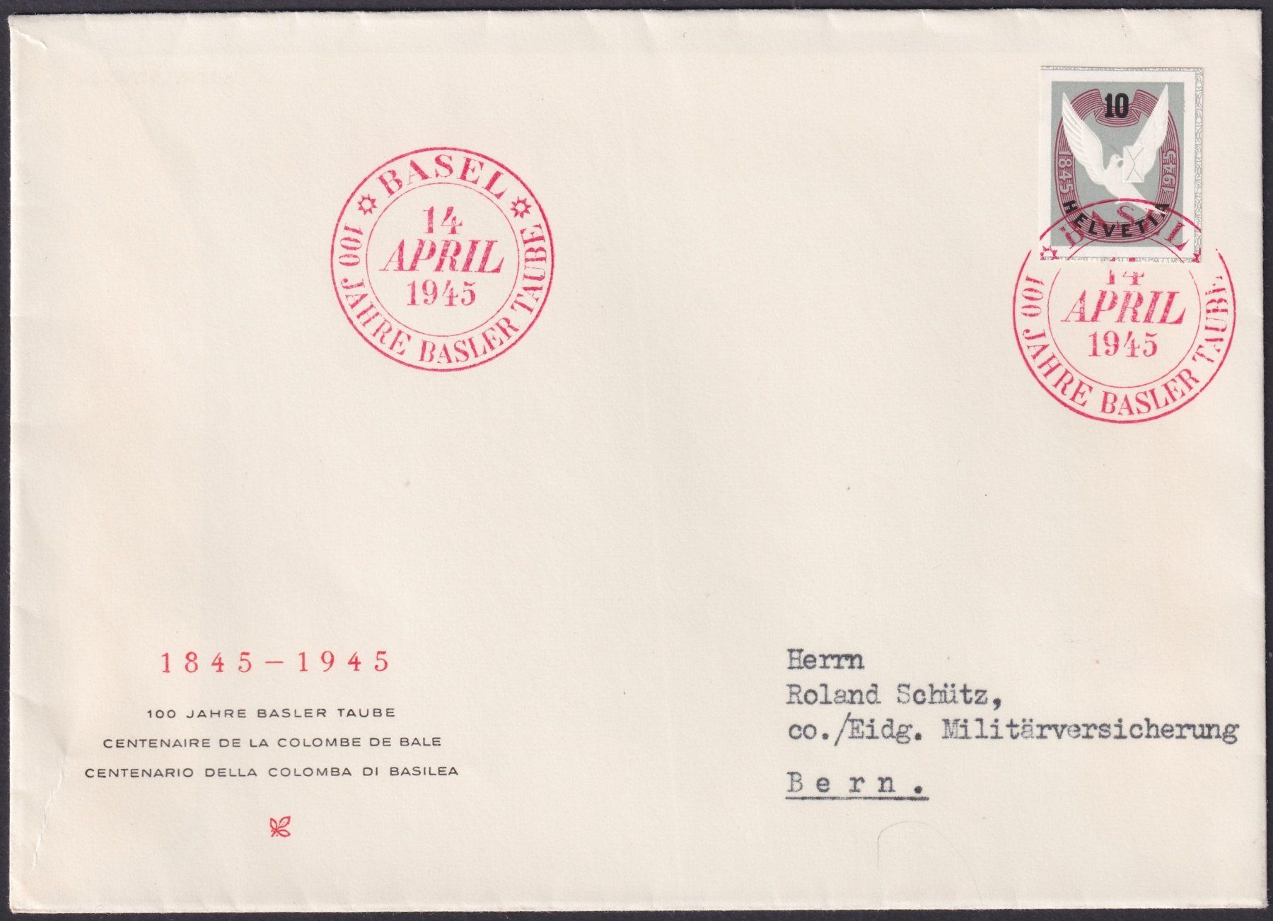 Tutti i francobolli: 1945, W22 - Luxus-FDC mit Ausschnitt von BASEL, Kat: 100.-+ – Usato da Sursee venduto da Luzernerraute