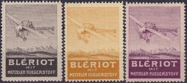 1912, Flugpost-Vignetten: METZELER (BLÉRIOT), drei Vignetten