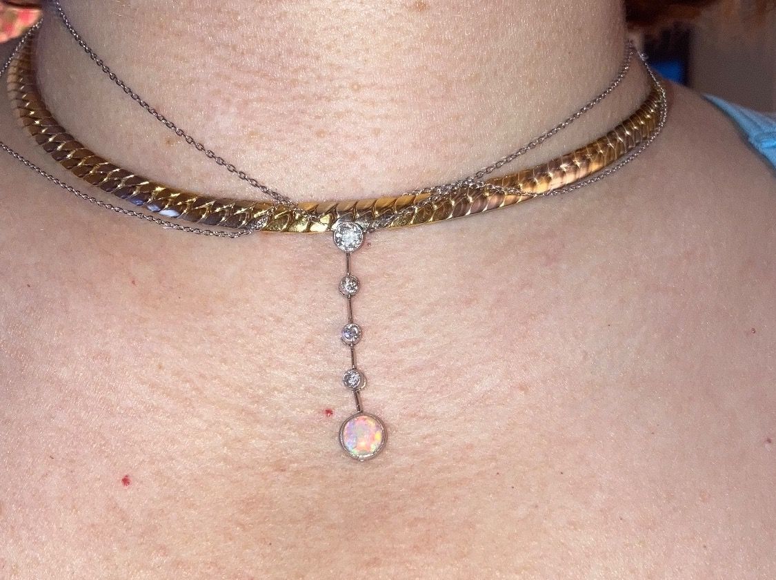 Catenine: Jugendstil Collier Platin mit Diamanten und Opal – Usato da Zuerich venduto da SaTs-43 3
