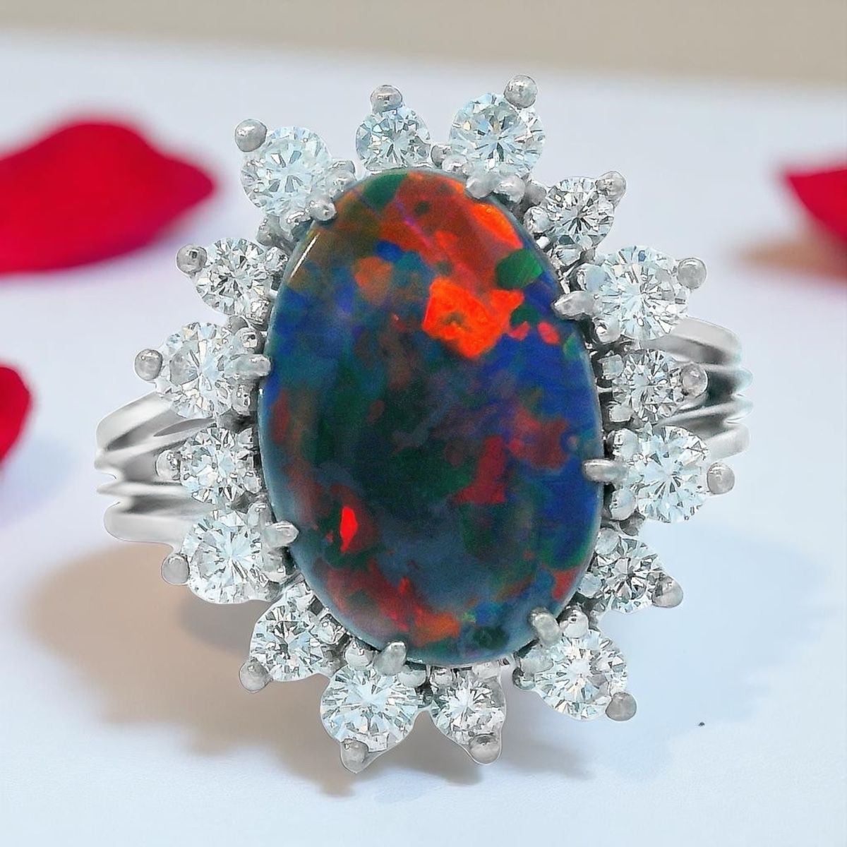 Anelli: Spektakulärer Opal-Diamantring in 18k Gold, Rotfeuer – Usato da Embrach venduto da estzeh1 1
