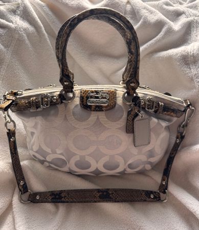 Coach Signature Handtasche Beige Jacquard & Schlangenoptik