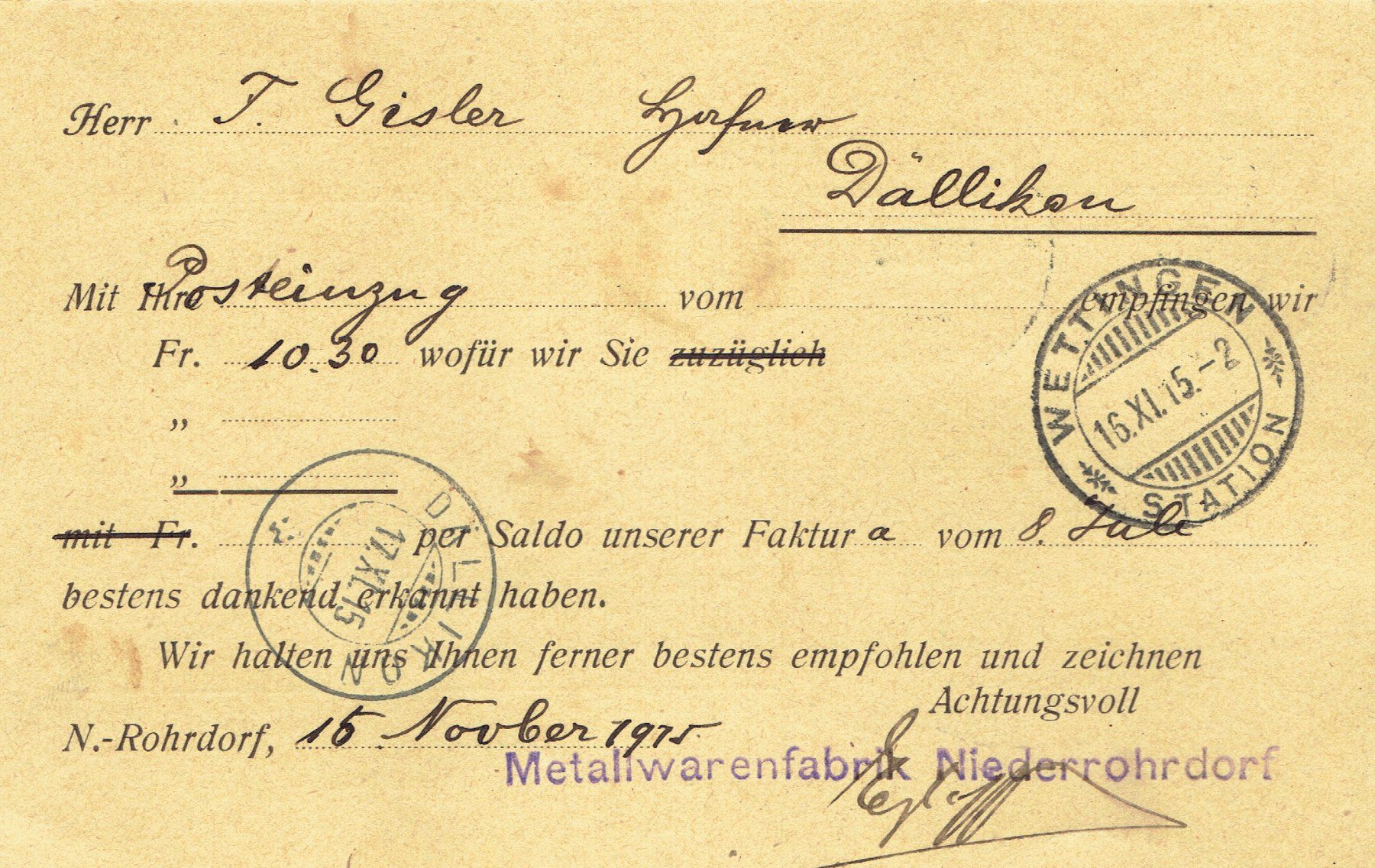 Documenti: Niederrohrdorf AG 1915 – Usato da Otelfingen venduto da Schmitte9 1