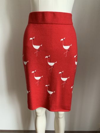 AKRIS: Lässig roter Jupe, Schurwolle mit Flamingos, 38