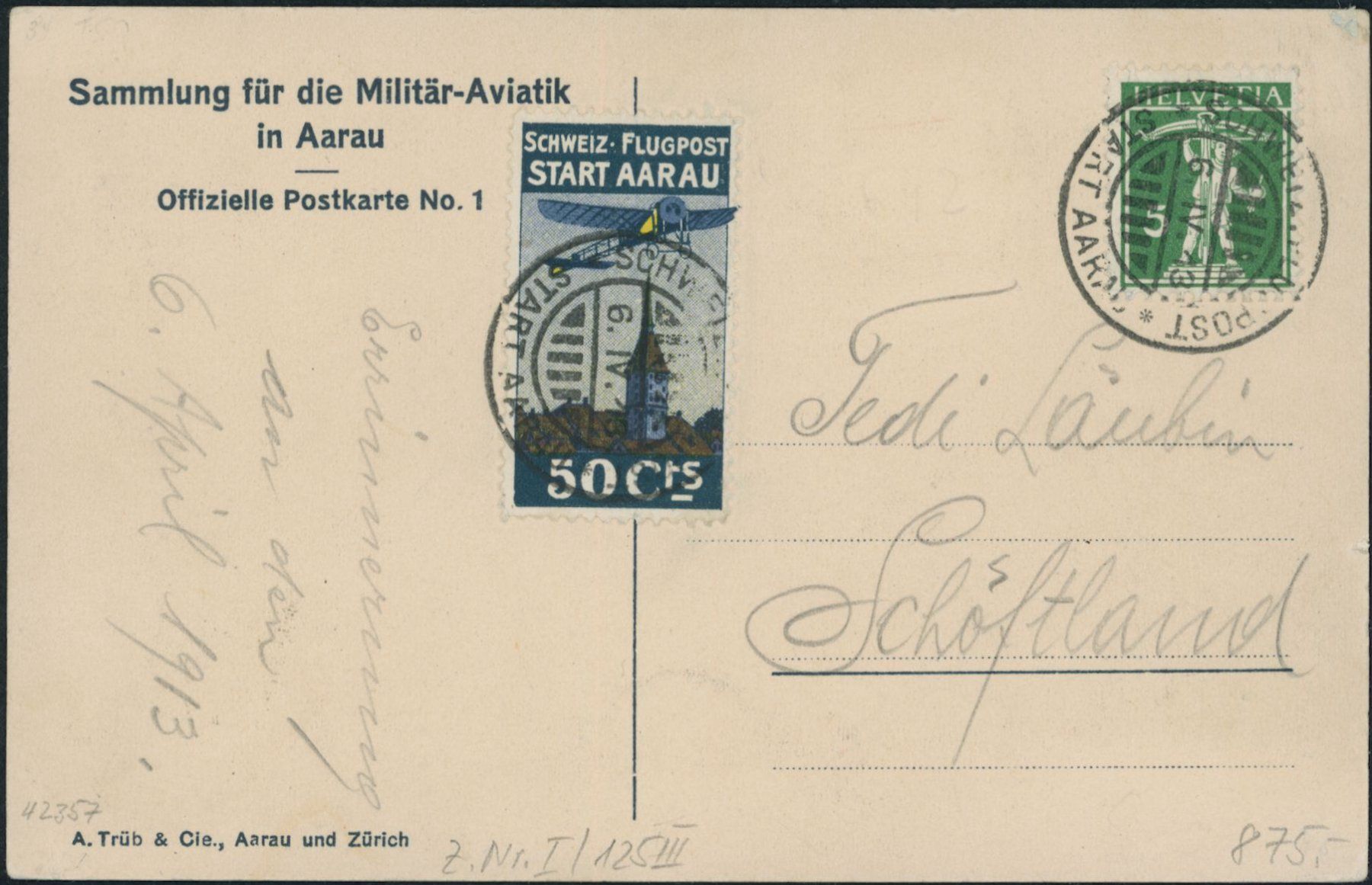 Tutti i francobolli: 1913 - Flugpost - Vorläufer - Aarau - Karte – Usato da Schindellegi venduto da leecollect