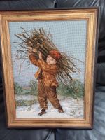 Wandbild Stickbild Winter Kind mit Holz,Anker,Gobelin