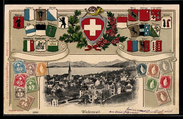 Cartoline postali: Wädenswil, Teilansicht des Ortes mit Ki – Usato da Berlin venduto da bartko-reher