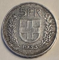 Schweizer 5 Franken Münze 1933 B Silber, gebrauchter Zustand