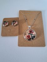 Schmuckset Kette + Ohrringe Rosen Vintage Style Cabochon NEU