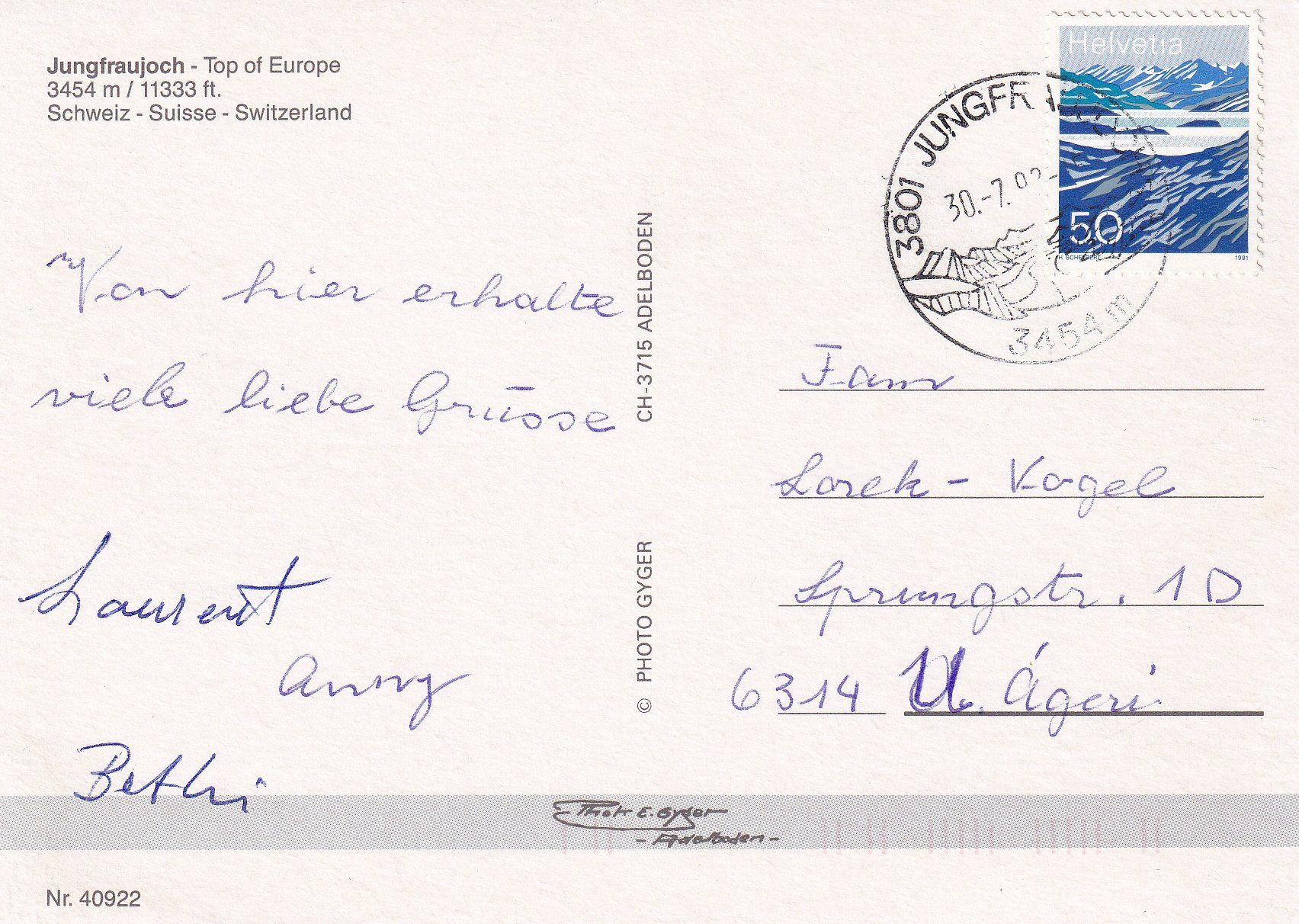 Cartoline postali: Jungfraujoch /bc – Usato da Hombrechtikon venduto da Rudolf07 1