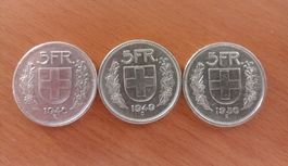 3 pièces de 5 francs suisses 1948,1949 et 1950 en bon état