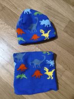 Kinder Mütze und Schlauchschal mit Dinosaurier Motiv blau
