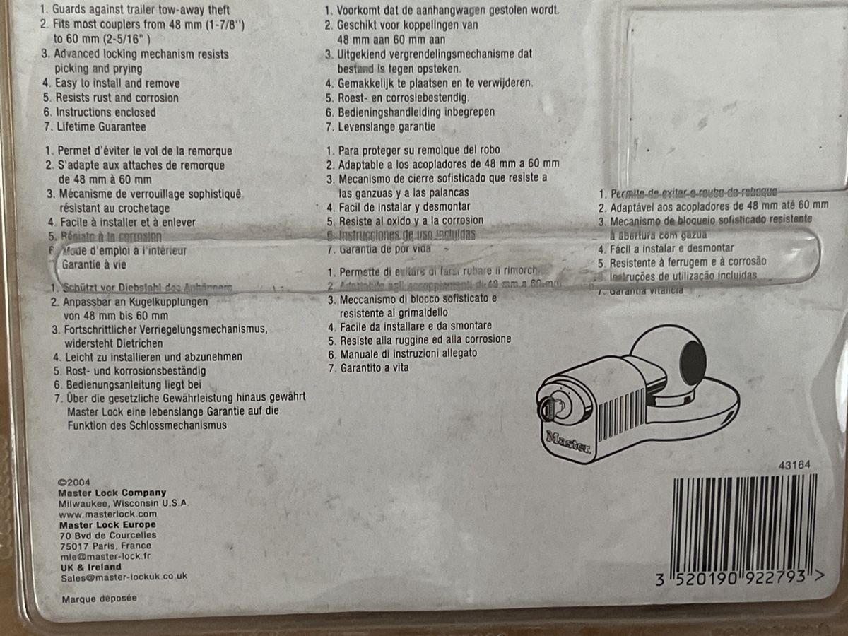 Lucchetti: Anhängerkupplungsschloss Master Lock neu – Nuovo e nell'imballaggio originale da Wettingen venduto da Kawasaki987 2