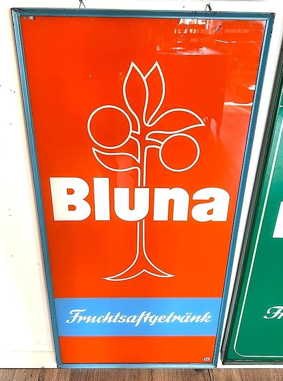 Insegne: Bluna altes Hinterglas Werbeschild um 1960 Orange – Usato da Nidau venduto da Nintschgu